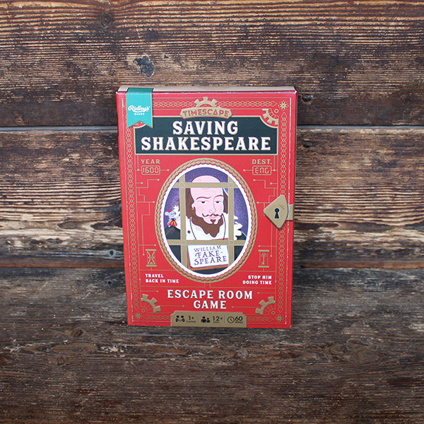 
                      
                        Red book shaped cardboard game box with Shakespeare behind bars on front
                      
                    