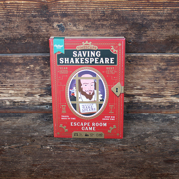Red book shaped cardboard game box with Shakespeare behind bars on front