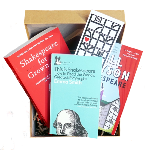 
                  
                    Kraft gift box containing three books about Shakespeare and his work; Shakespeare for Grown-ups, This is Shakespeare by Emma Smith, and Shakespeare by Bill Bryson, and a large format bookmark.
                  
                