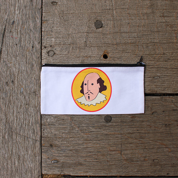 White cotton pencil case with black zipper and yellow oval portrait of cartoon shakespeare