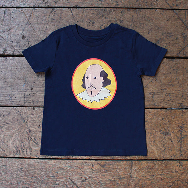 Navy blue cotton t-shirt with oval yellow portrait of cartoon Shakespeare in centre