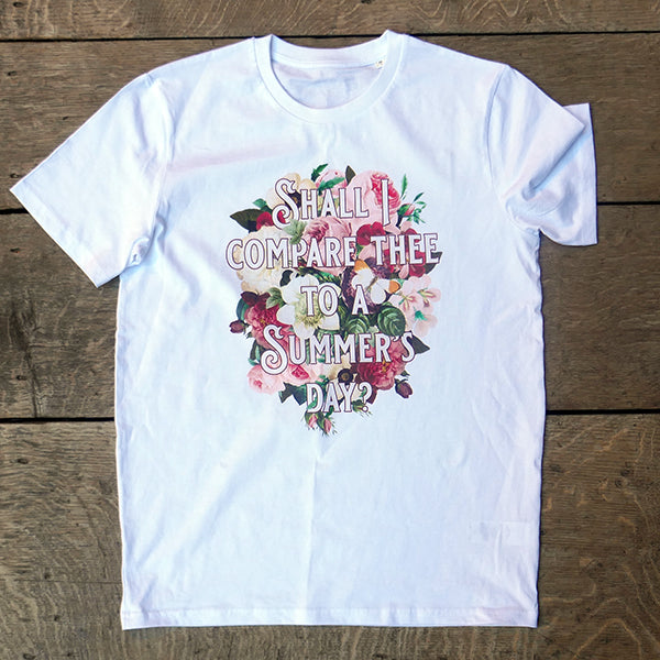 white cotton t-shirt with a large floral and text chest print