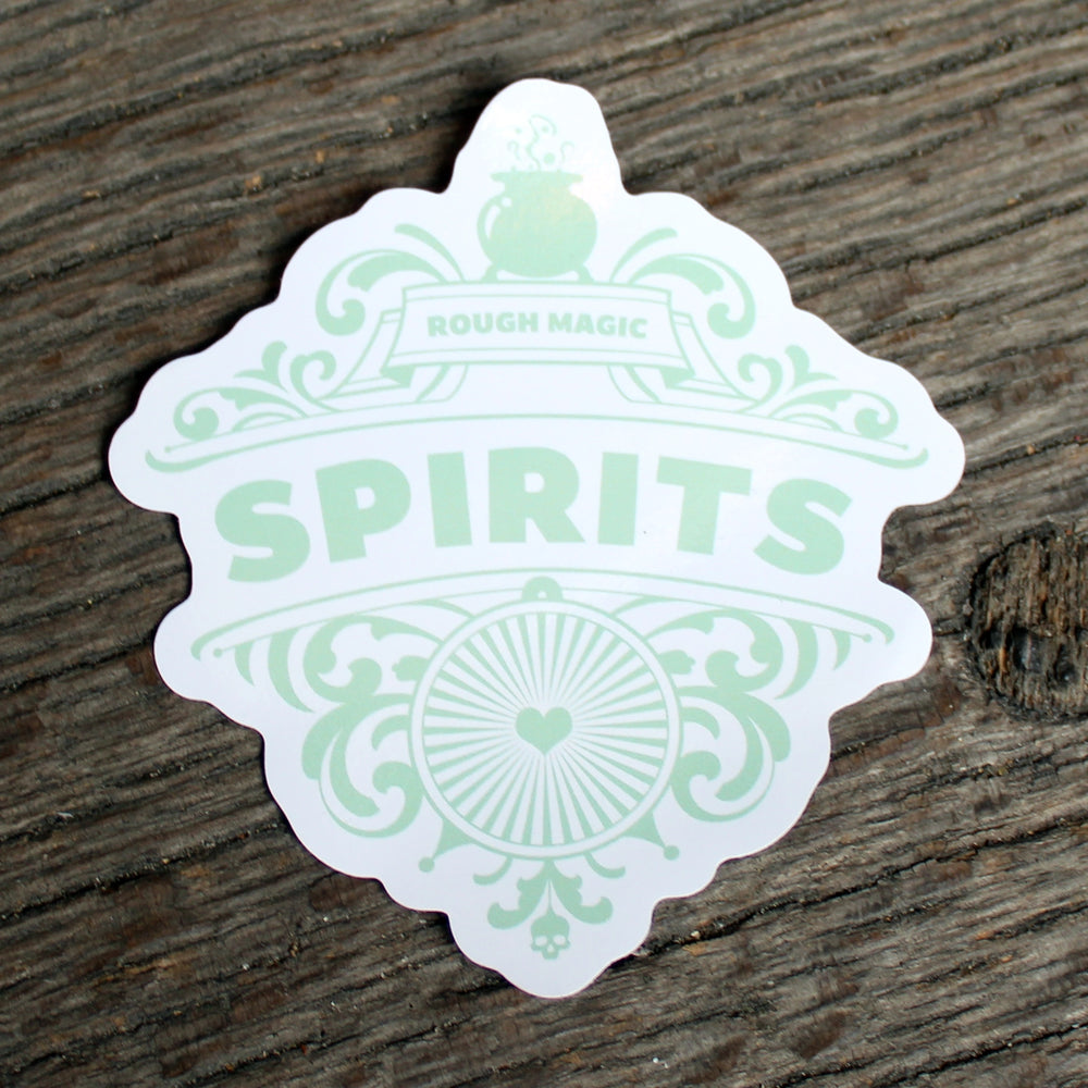White sticker with a pale green motif