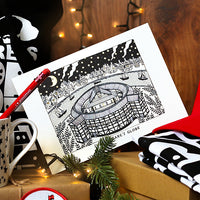 Black and white illustration of the Globe Theatre with festive decor.