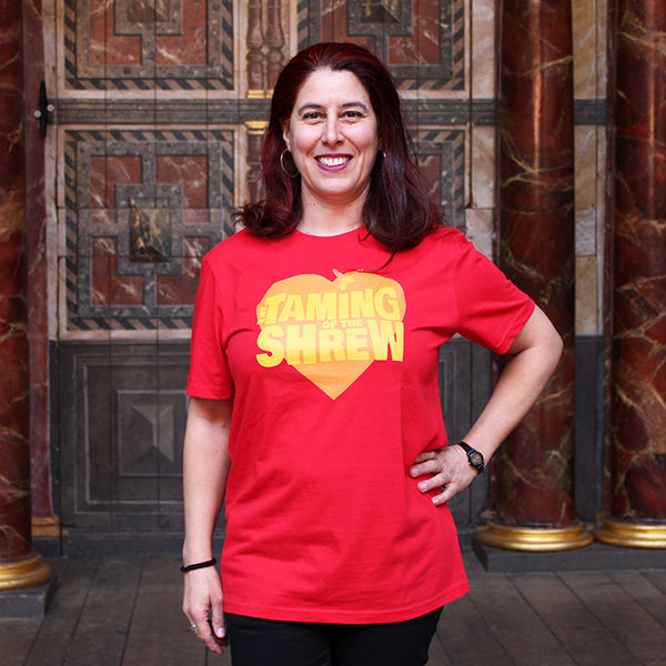 Red graphic t-shirt with central yellow and orange graphic of heart, wasp and text