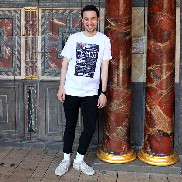 White short sleeve, round neck, cotton t-shirt with a large chest print celebrating Shakespeare play, The Tempest.