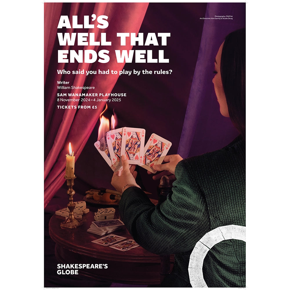 Poster featuring a woman in green holding playing cards with a background of purple and red drapes.