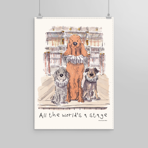 white kitchen towel with an illustration of three dogs wearing ruffs