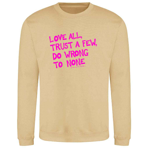 
                  
                    Sand coloured sweatshirt with fuchsia pink graphic text
                  
                