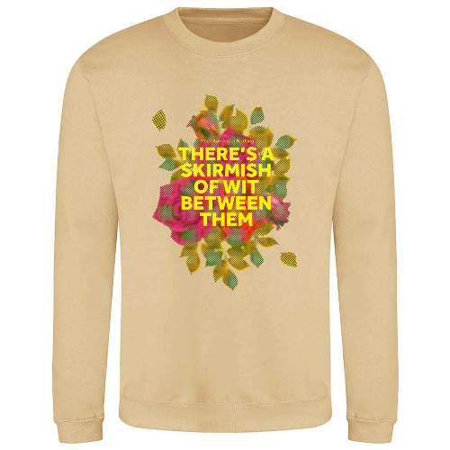 
                  
                    Sand coloured sweatshirt with pixelated image of roses with yellow graphic text overlayed
                  
                