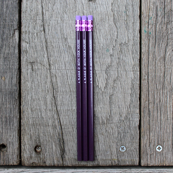 Deep purple pencil with lilac eraser, stamped with white text