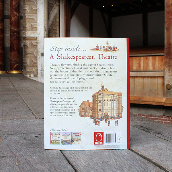 Pale blue square shaped paperback book with red binding and red text, featuring the Globe Theatre