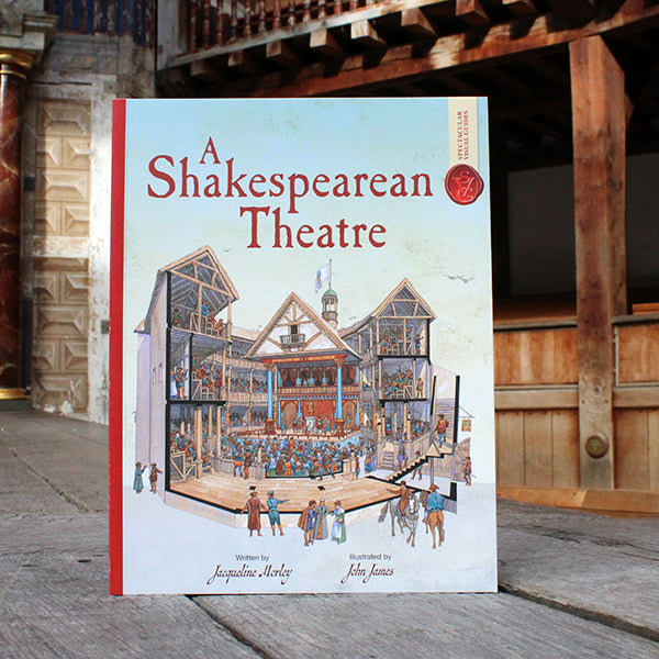 Pale blue square shaped paperback book with red binding and red text, featuring the Globe Theatre