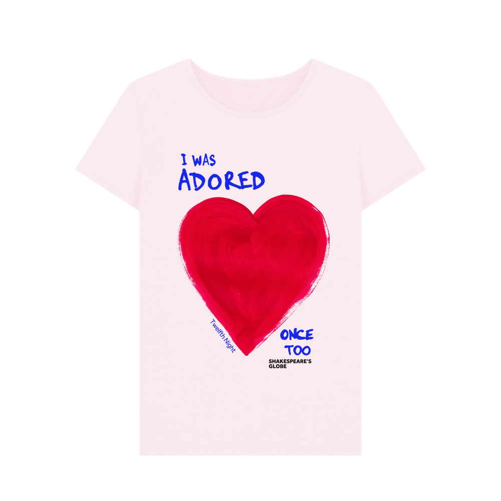 
                  
                    Pale pink fitted t-shirt with red heart graphic on centre front, with blue text
                  
                