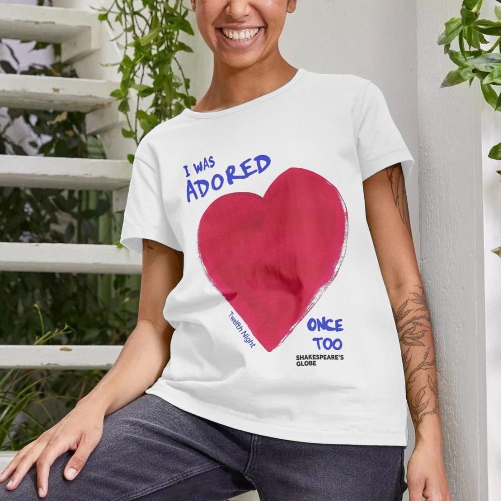 White fitted t-shirt with red heart graphic on centre front, with blue text