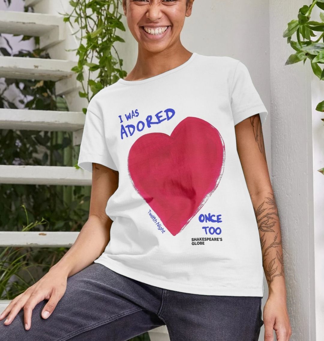 White fitted t-shirt with red heart graphic on centre front, with blue text