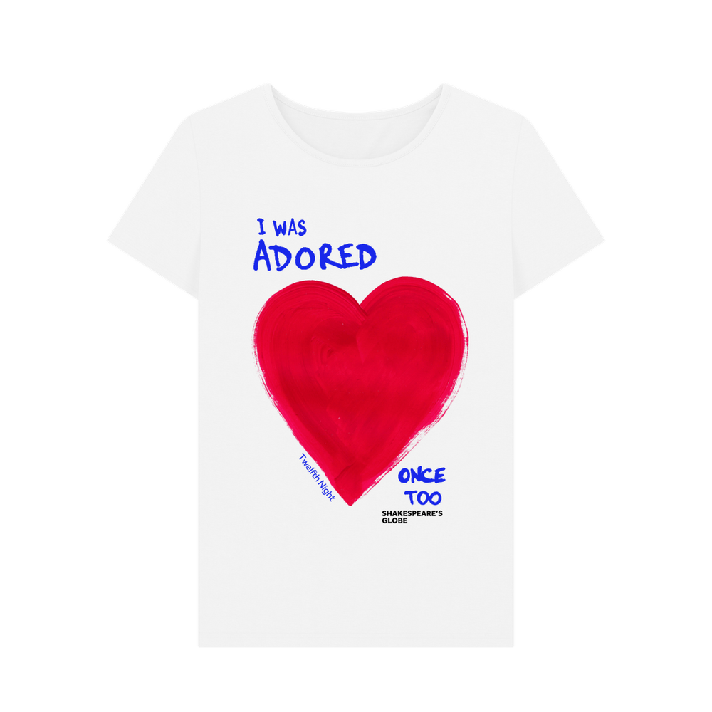 White fitted t-shirt with red heart graphic on centre front, with blue text