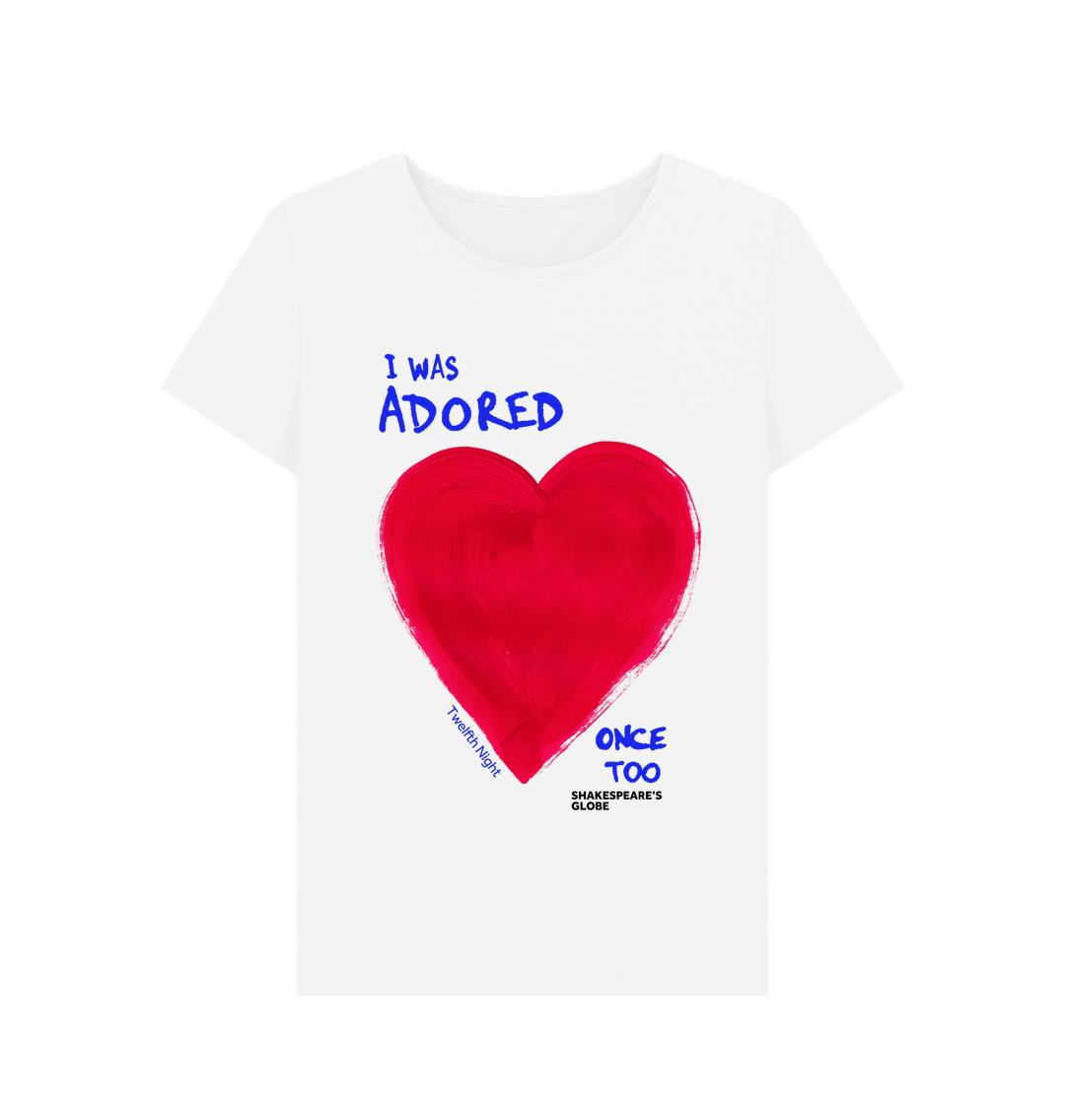 White fitted t-shirt with red heart graphic on centre front, with blue text