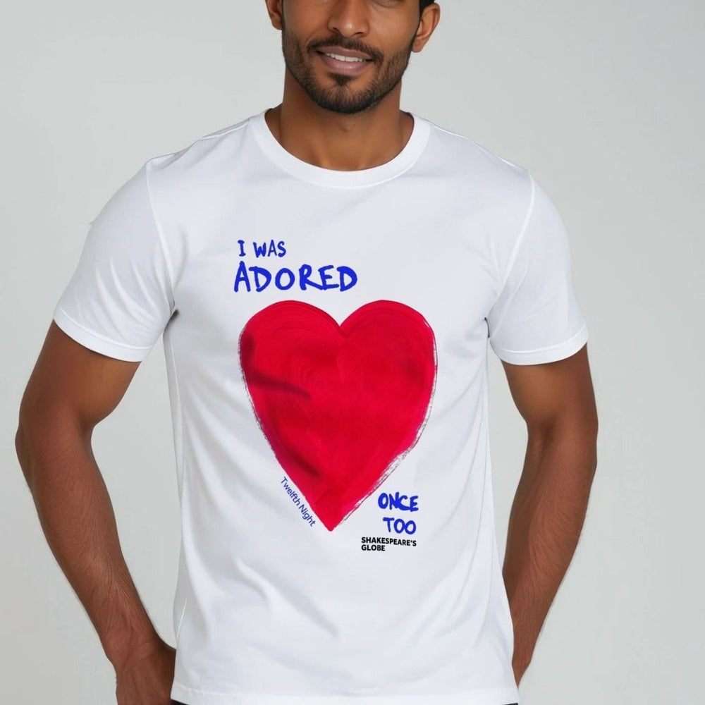 White standard fit t-shirt with red heart graphic on centre front, with blue text