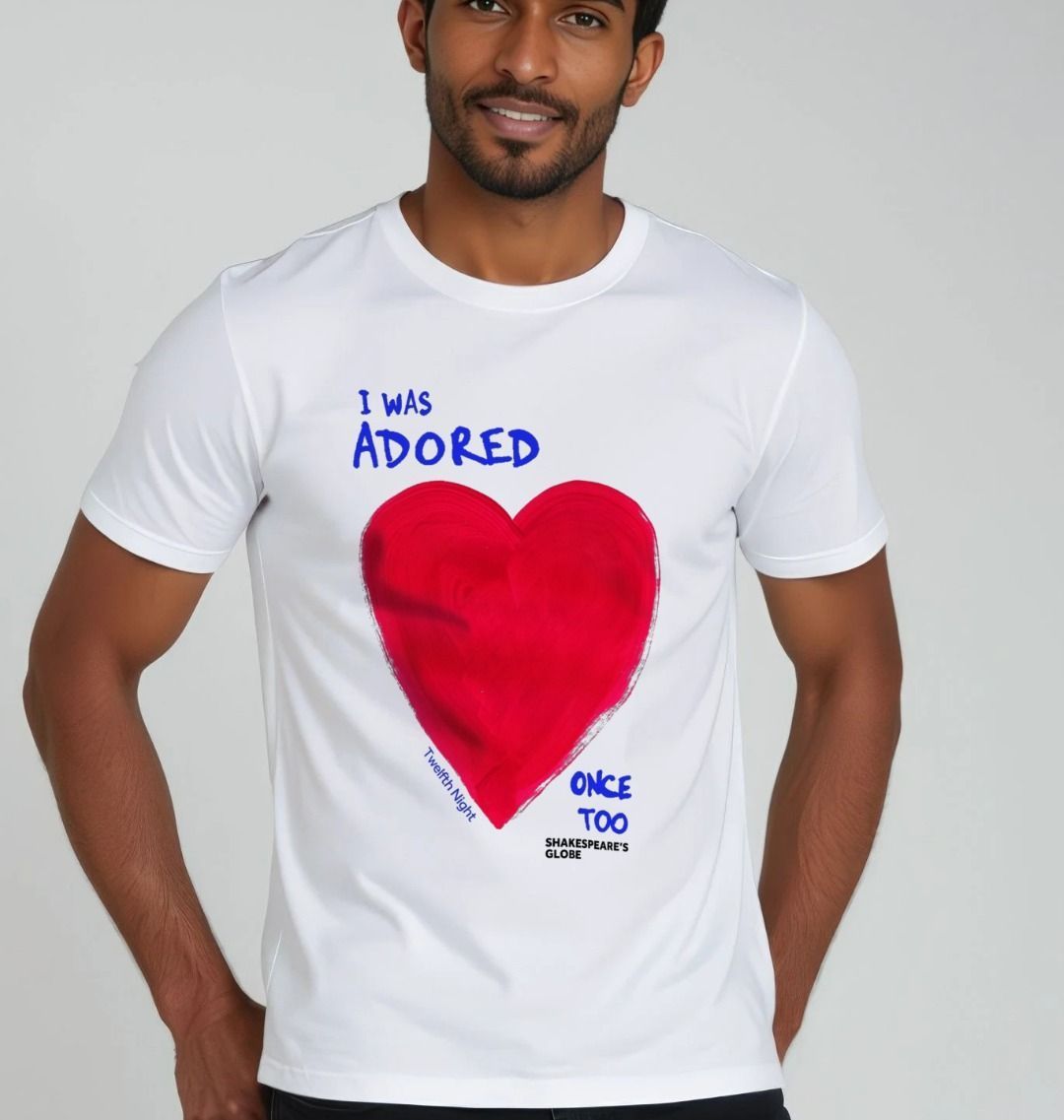 White standard fit t-shirt with red heart graphic on centre front, with blue text