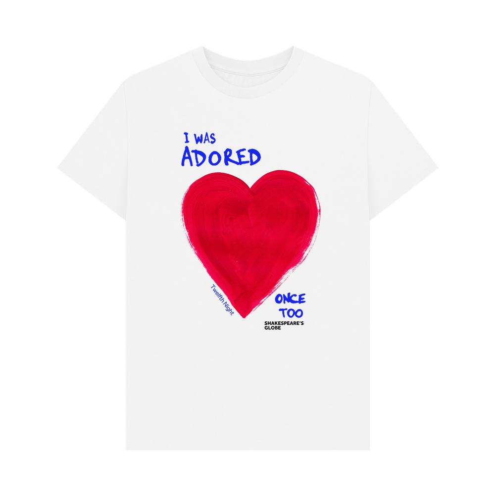 White standard fit t-shirt with red heart graphic on centre front, with blue text