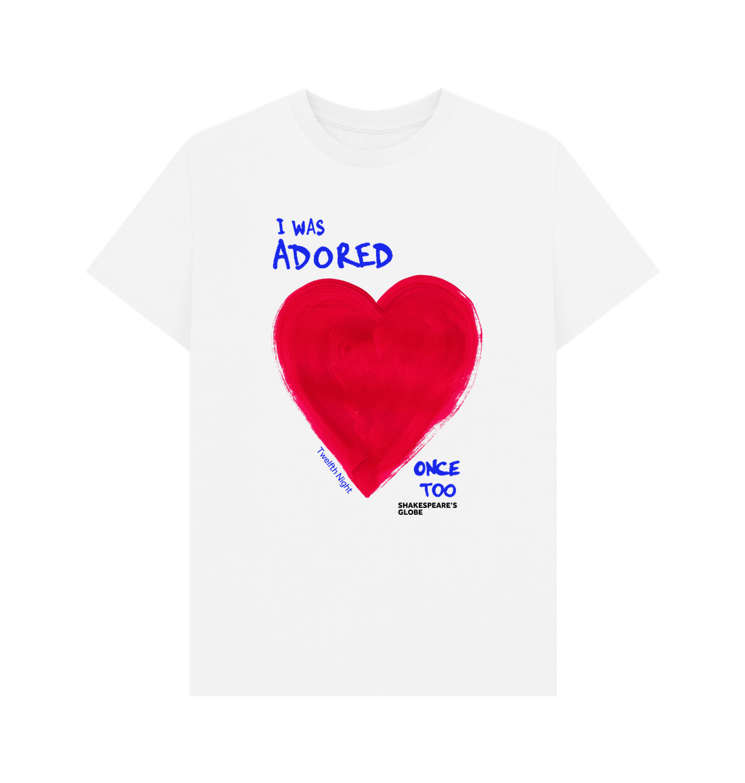 White standard fit t-shirt with red heart graphic on centre front, with blue text