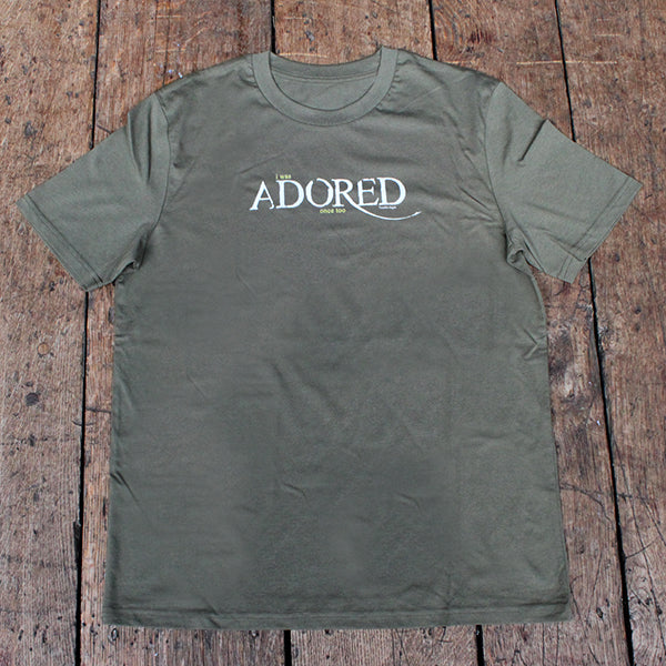 Sage green t-shirt with stylised white graphic text