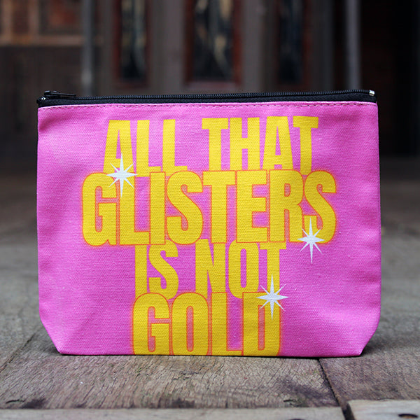 Hot pink zipped pouch with yellow bold graphic text printed across front and back.