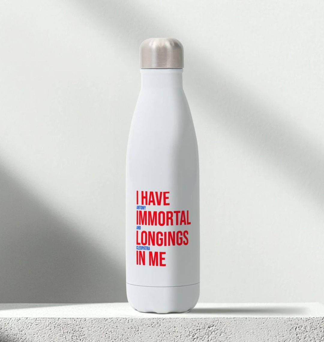 white metal water bottle with a silver metal lid. The bottle is printed with a quote in red block capitals