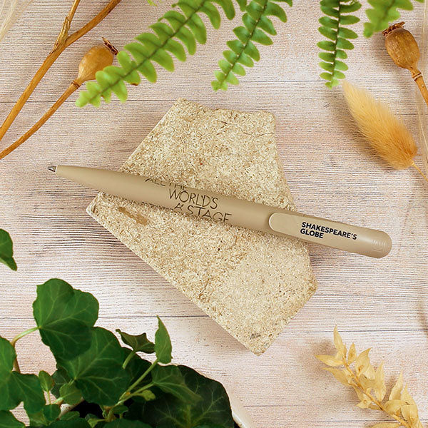Pen with 'Shakespeare's Globe' branding on a stone surface with plants in the background