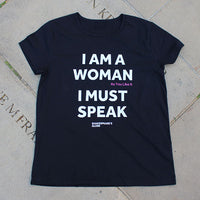 Black t-shirt with white text on a stone surface