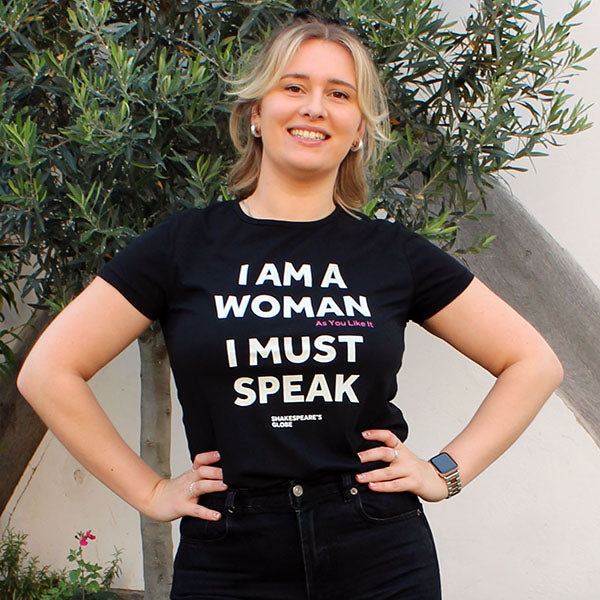 woman wearing a black fitted ladies t-shirt with white graphic font on the centre front