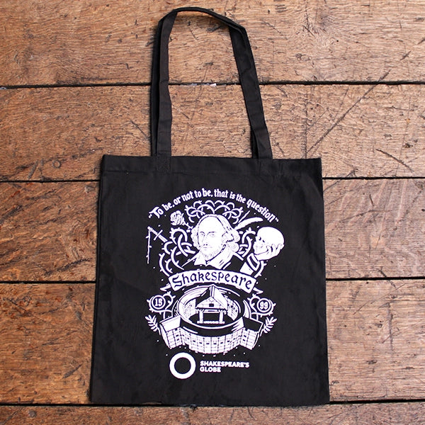 Black cotton bag with a white print of Shakespeare and the Globe Theatre