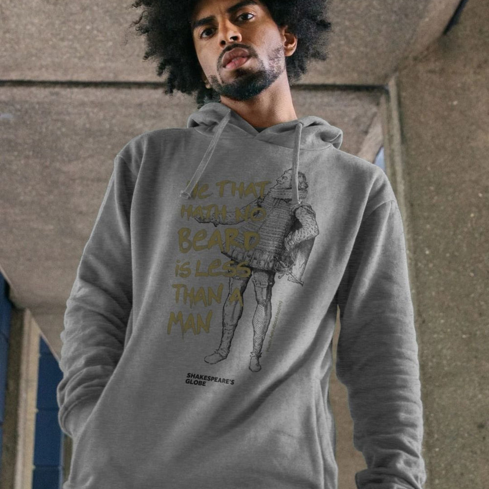 Heathered grey long sleeve hooded sweatshirt with black graphic image of Shakespearean man with gold graphic text over top