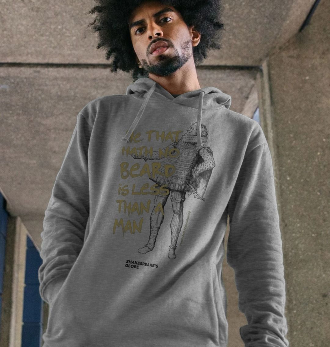 Heathered grey long sleeve hooded sweatshirt with black graphic image of Shakespearean man with gold graphic text over top