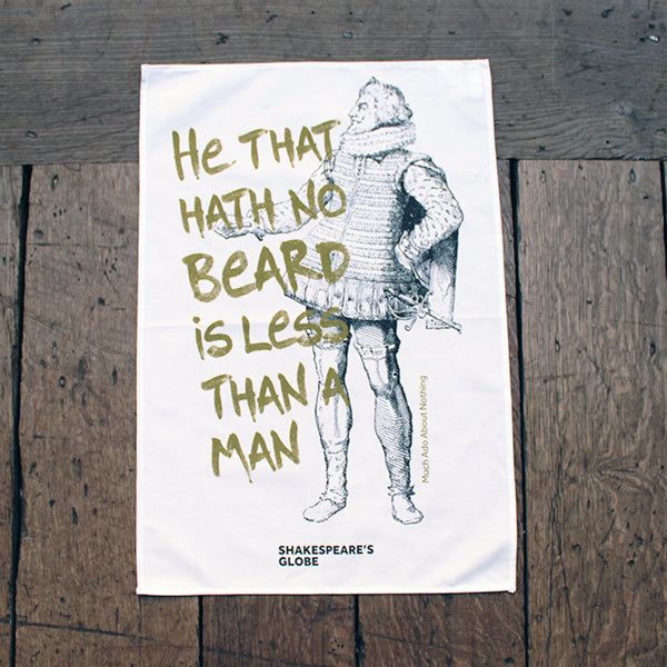 White cotton portrait orientated tea towel with black figure of Shakespearean man and got scratchy text over top