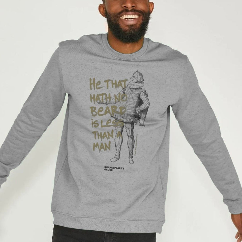 
                  
                    Grey long sleeve sweatshirt with black graphic image of Shakespearean man with gold graphic text over top
                  
                