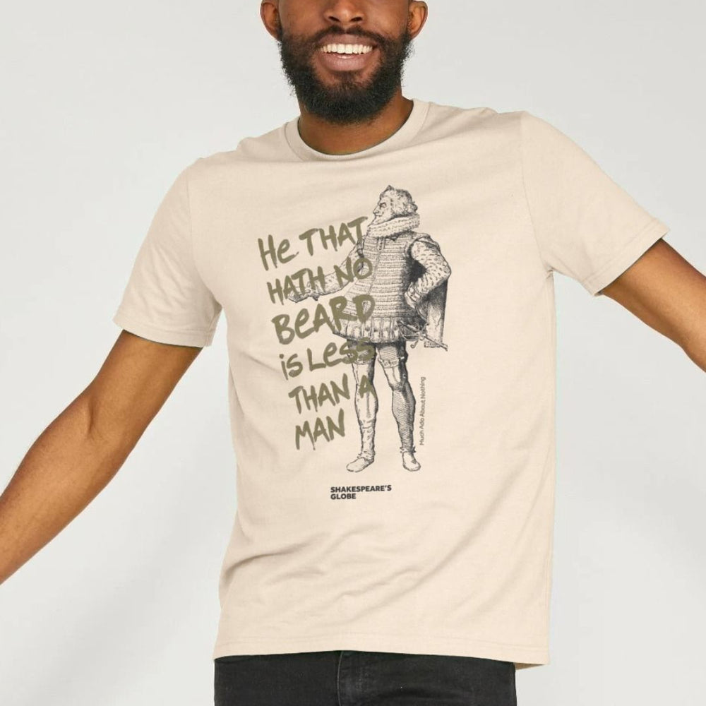 Oatmeal unisex t-shirt with black graphic print of Shakespearean man with gold graphic text over top