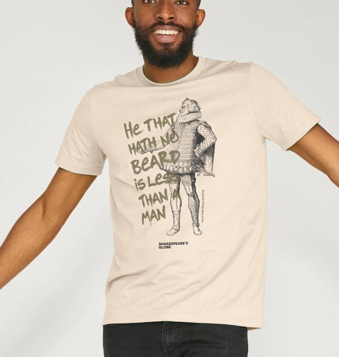 Oatmeal unisex t-shirt with black graphic print of Shakespearean man with gold graphic text over top