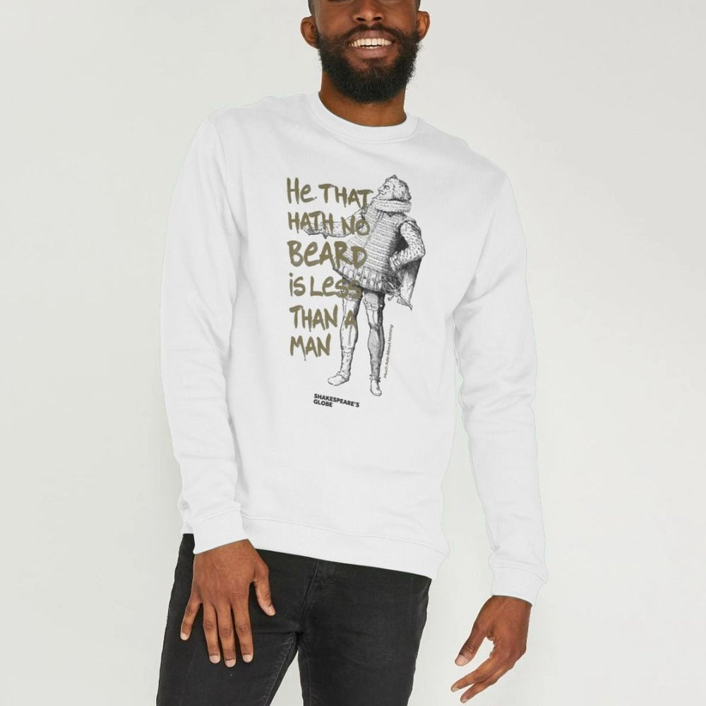 
                  
                    White long sleeve sweatshirt with black graphic image of Shakespearean man with gold graphic text over top
                  
                