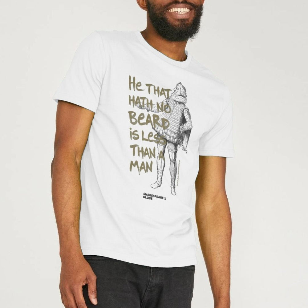 
                  
                    White unisex t-shirt with black graphic print of Shakespearean man with gold graphic text over top
                  
                