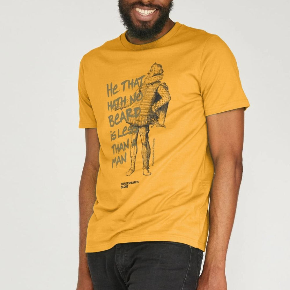 
                  
                    Mustard yellow unisex t-shirt with black graphic print of Shakespearean man with gold graphic text over top
                  
                