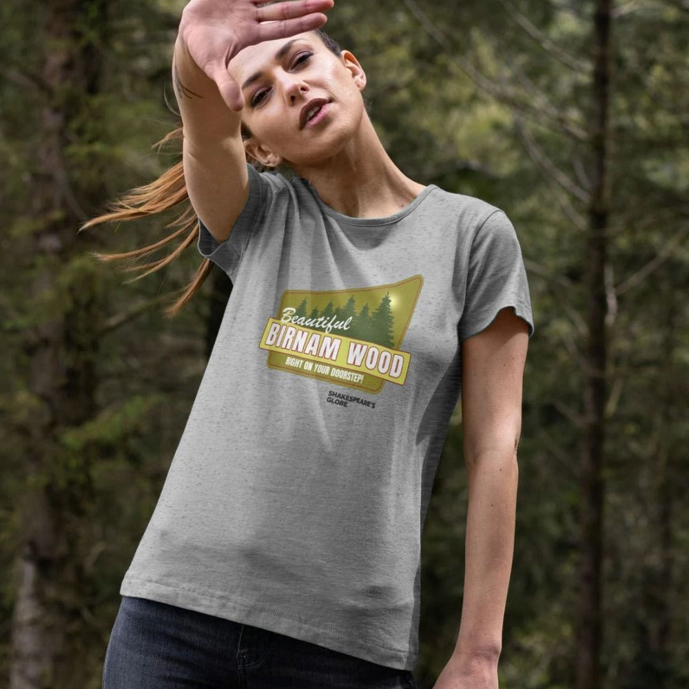 Grey fitted t-shirt with yellow and green vintage travel poster image of forest, with white graphic text over top