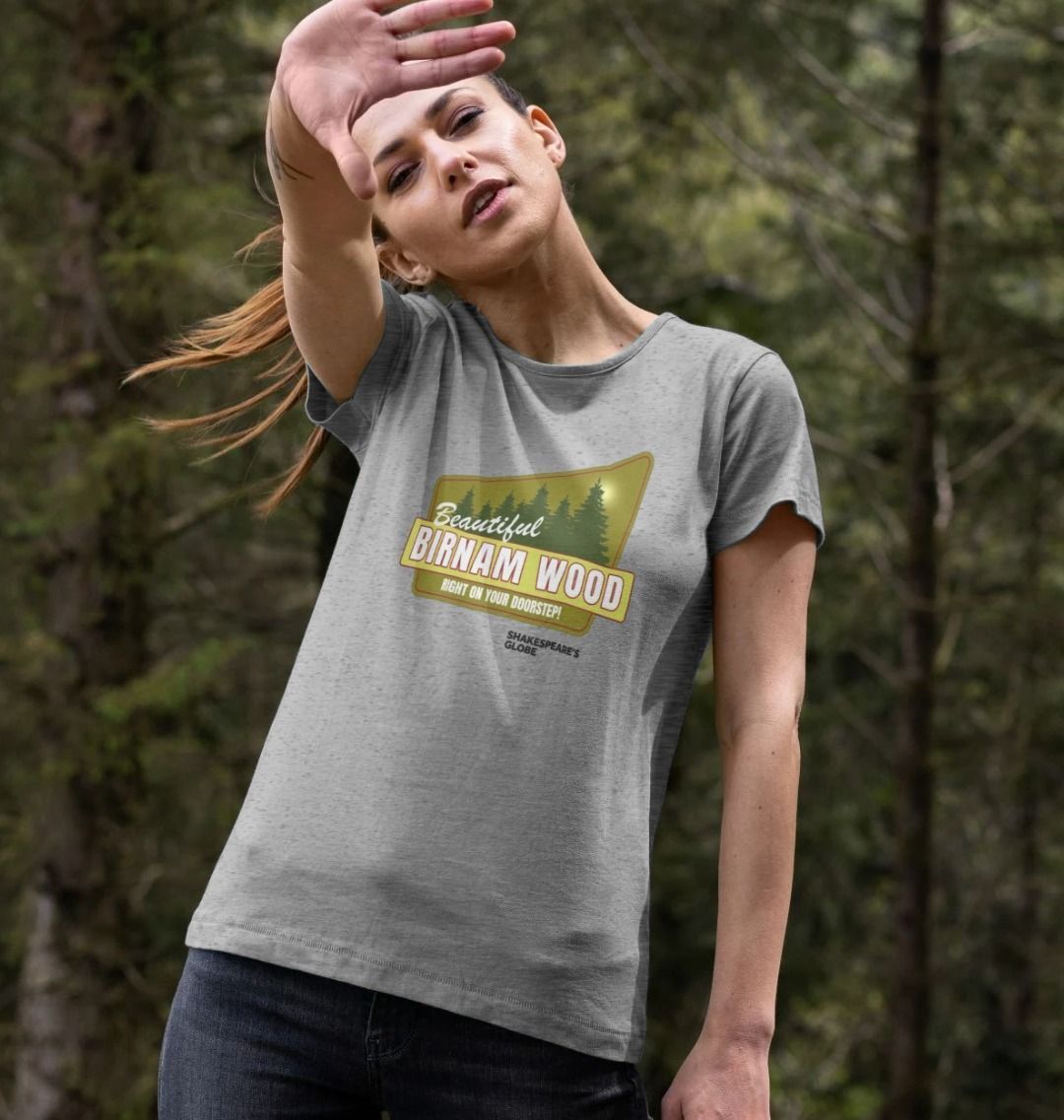 Grey fitted t-shirt with yellow and green vintage travel poster image of forest, with white graphic text over top