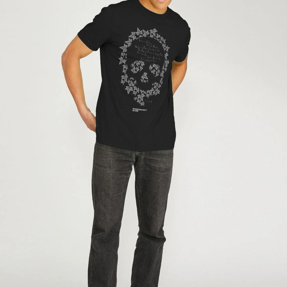 Black Hamlet Organic Unisex T-shirt (To Be) - dark grey unisex fit t-shirt with leaf skull motif across centre front