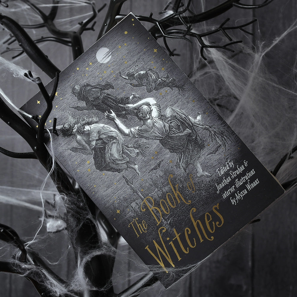 
                  
                    Black paperback book with gold and white text, with witches on broomstick
                  
                