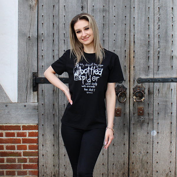 Black t-shirt with white graphic text and image of bottled spider in centre