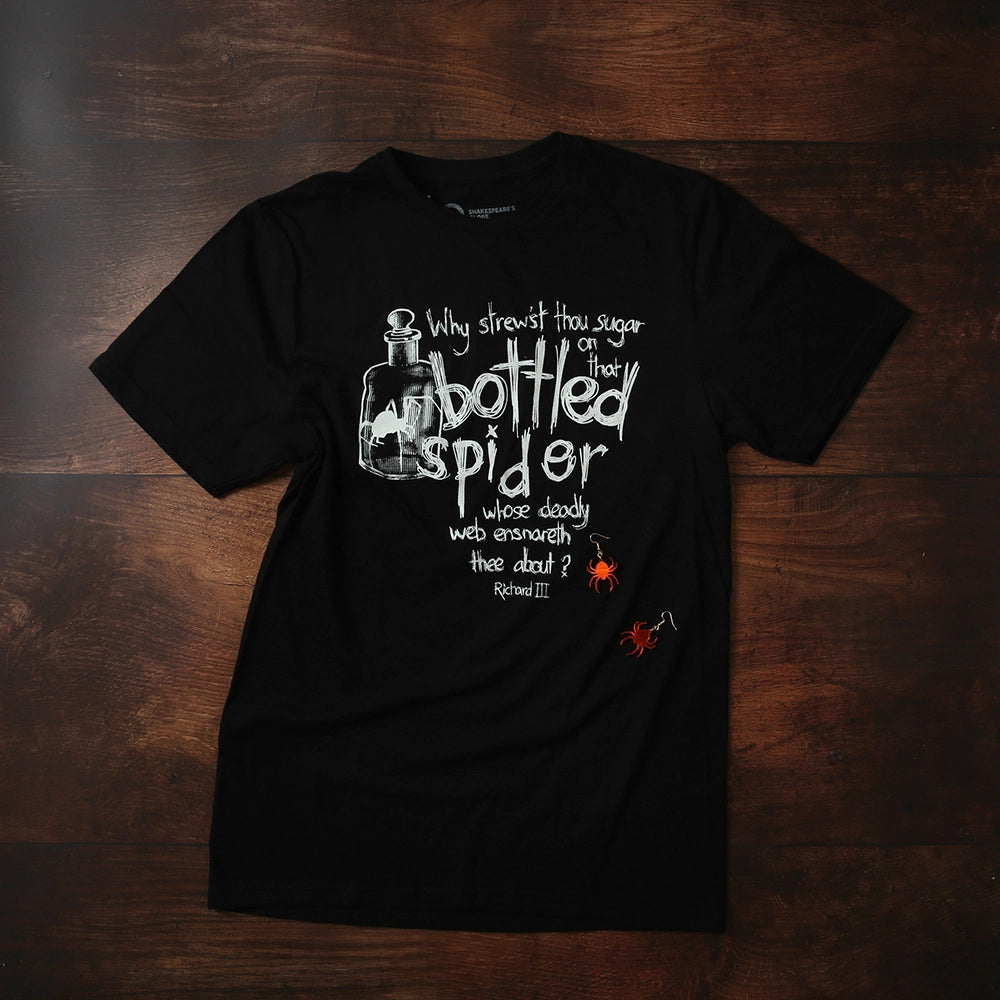 
                  
                    Black t-shirt with white graphic text and image of bottled spider in centre
                  
                