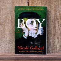 The book cover of 'Boy' by Nicole Galland, featuring a portrait of a young man against a dark green background, displayed upright on a wooden surface.