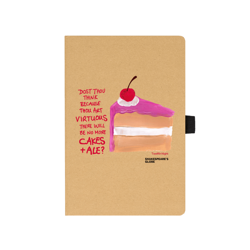 Kraft notebook with image of painted piece of vanilla cake with pink icing and red scratchy text on top, with black elastic closure